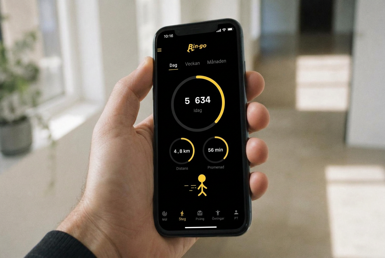 Hand som håller en telefon med Bin-go-appens stegvy