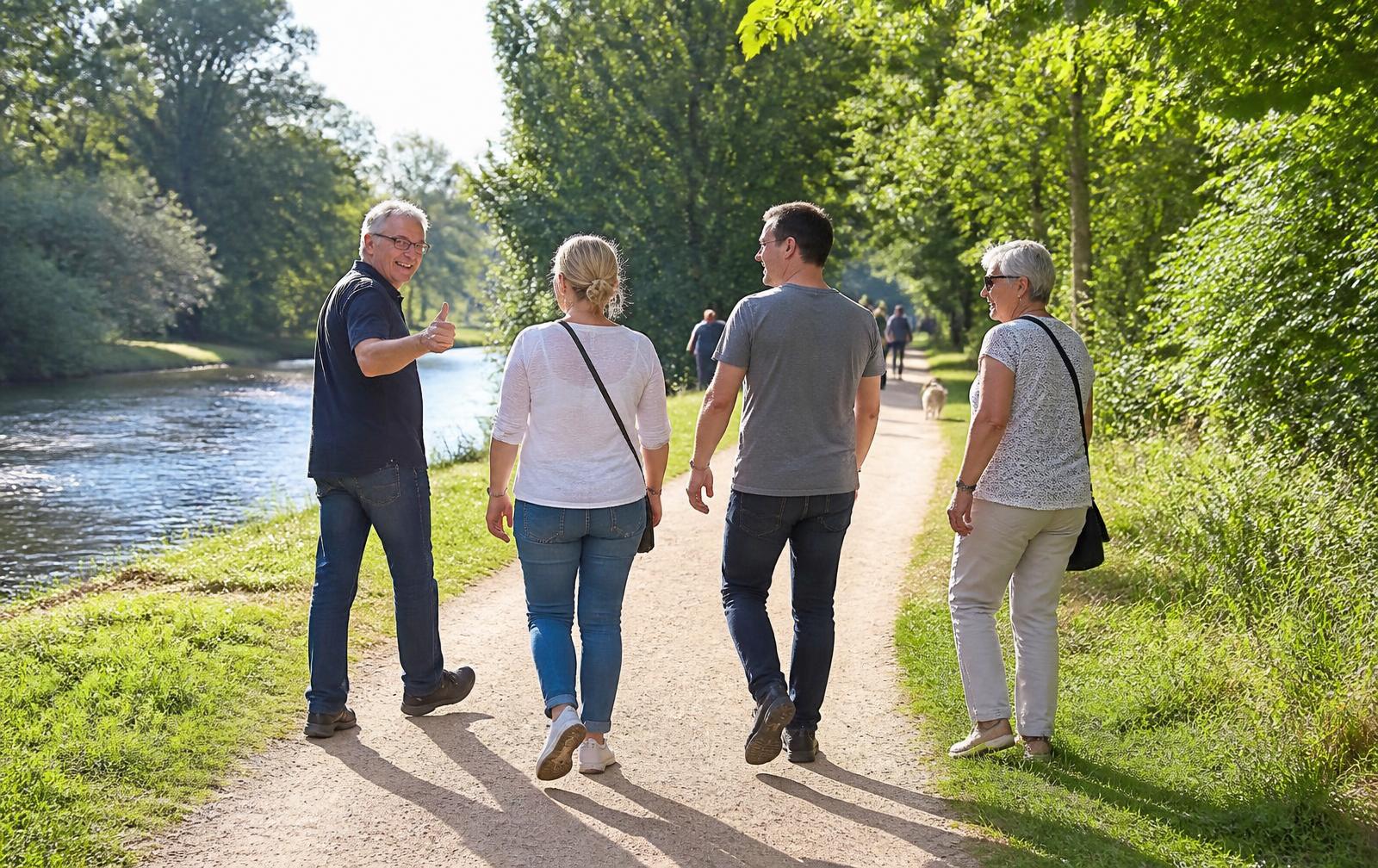 Fyra personer i vanliga fritidskläder promenerar bortåt längs en å i en park en solig sensommardag, en av dem vänder sig om och ger tummen upp