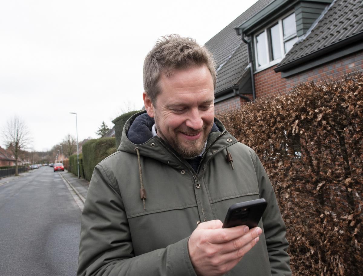 Man i 45-årsåldern tittar nöjt på sin mobil under promenaden