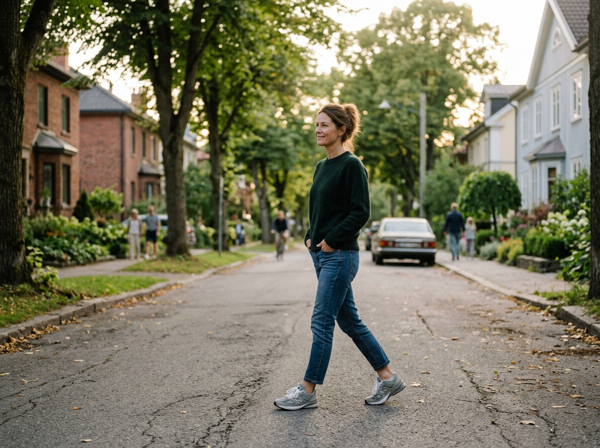 Kvinnan promenerar på en lövad gata i sensommarens kvällsljus