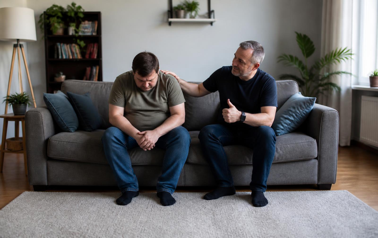 Man i 50-årsåldern sitter i soffan med handen på ryggen av en nedstämd man i 40-årsåldern och gör tummen upp